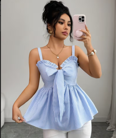 Top halter casual de verano azul y blanco