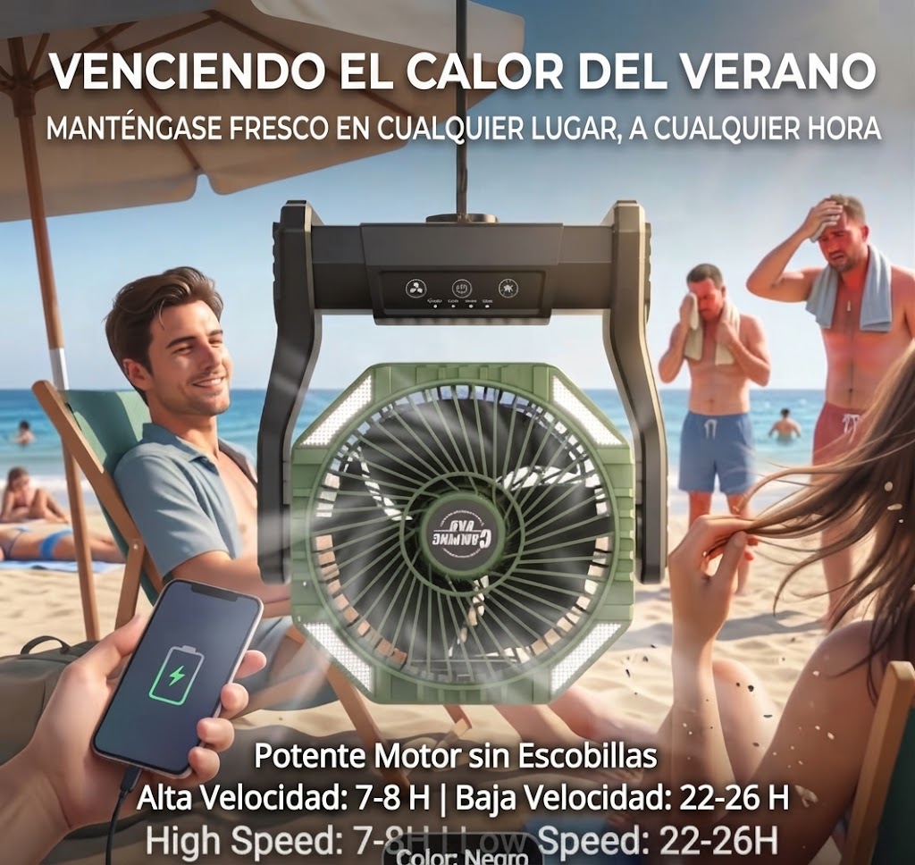 Ventilador de camping de 20000 mAh con luces LED portátil y recargable